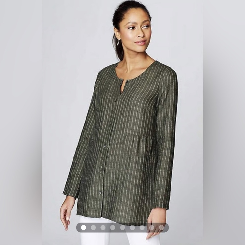 PureJill J Jill Linen Green Lagenlook Striped Long Sleeve Tunic Top Size L